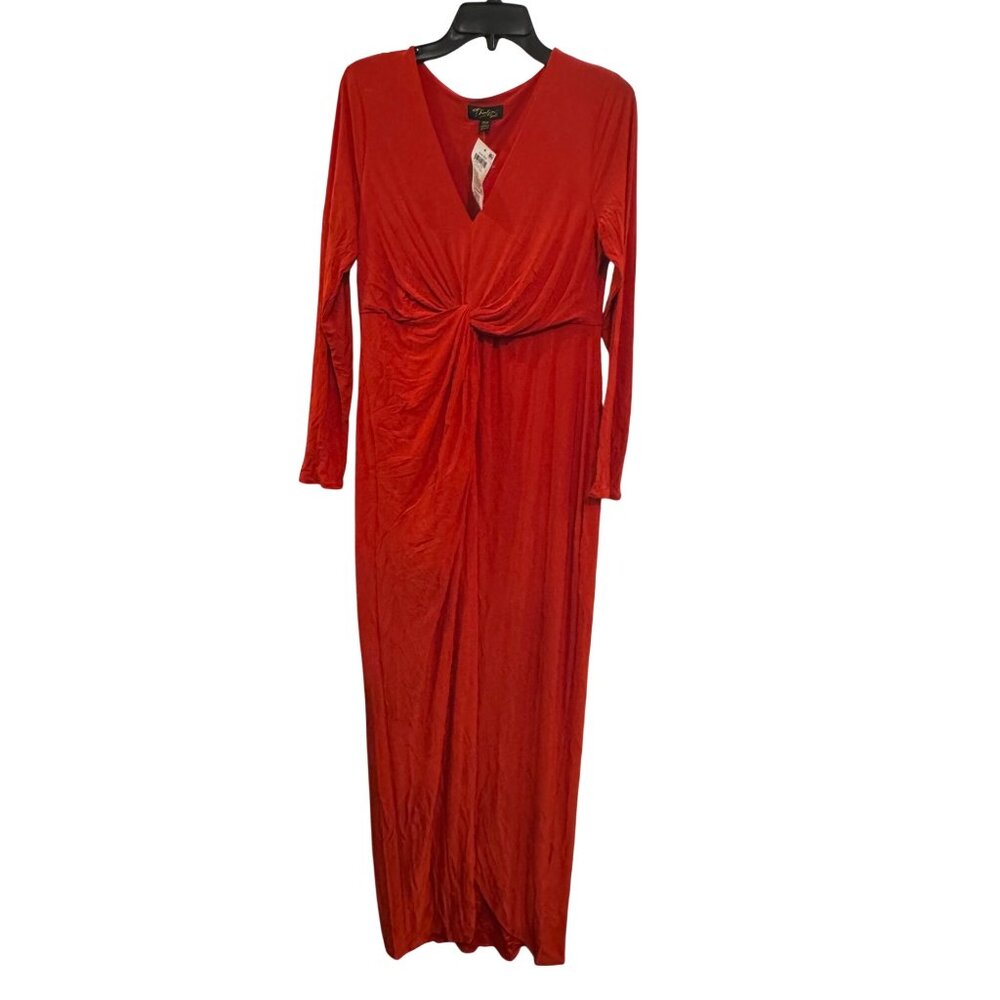 Thalia Sodi Long Sleeve Maxi Dress M Red Polyester Blend Knot Front Evening Gown